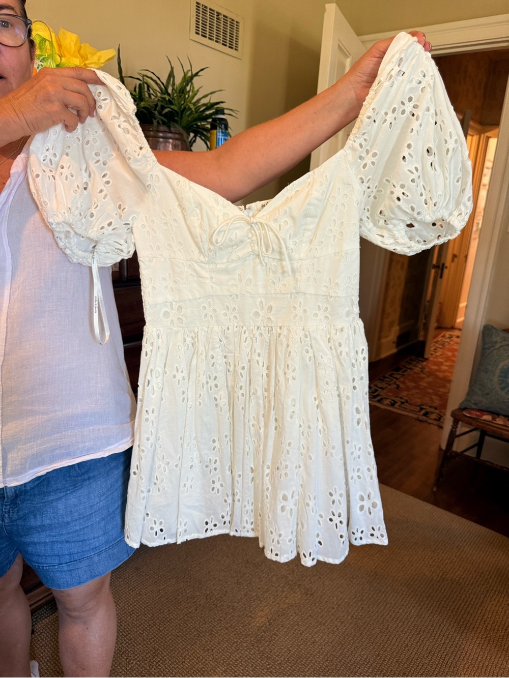 For Love & Lemons White Eyelet Puff-Sleeve dress